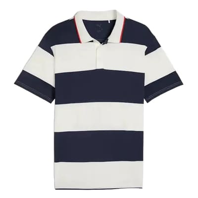 Navy and white striped polo shirt on a white background
