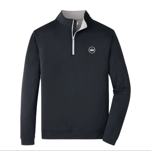 A dark navy long-sleeve quarter-zip pullover sweatshirt with a light gray inner collar and a small white circular logo on the left chest, displayed on a clean white background.
