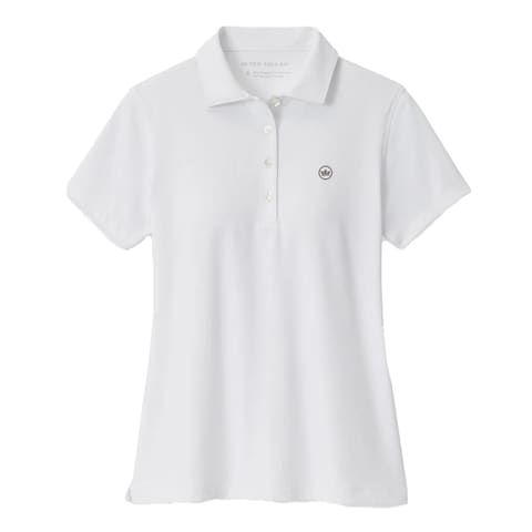 A white short-sleeve polo shirt with a three-button placket and a small circular logo on the left chest, displayed on a clean white background.