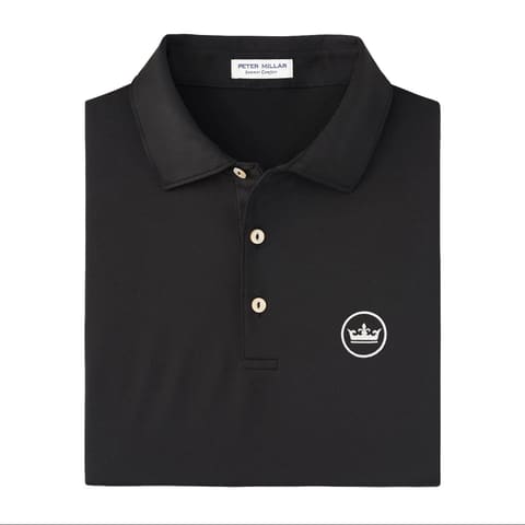 A folded black Peter Dollar polo shirt with three gold buttons and a white embroidered crown logo on the left chest, shown on a plain white background.