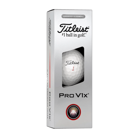 A sleeve of Titleist Pro V1x golf balls with extended alignment sidestamp, predominantly silver packaging