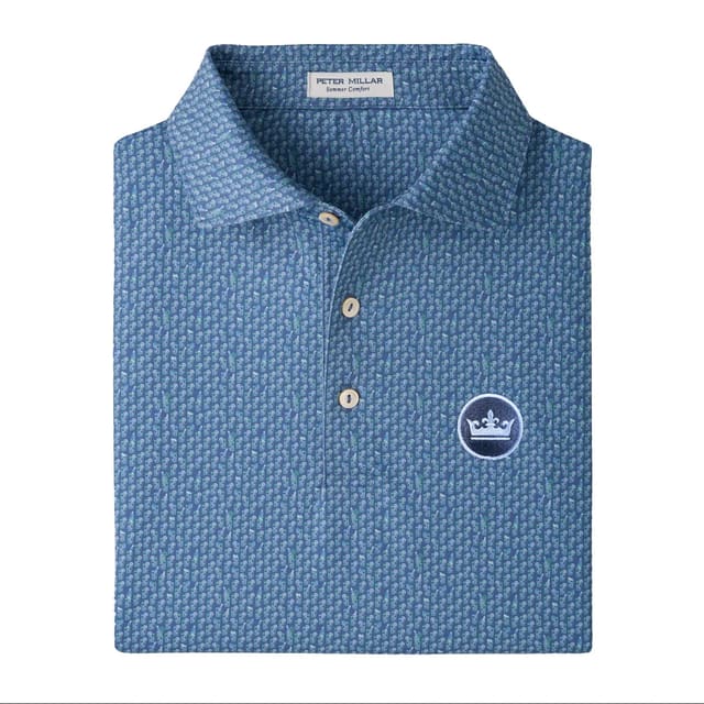 peter millar golf polo with navy pattern and crown