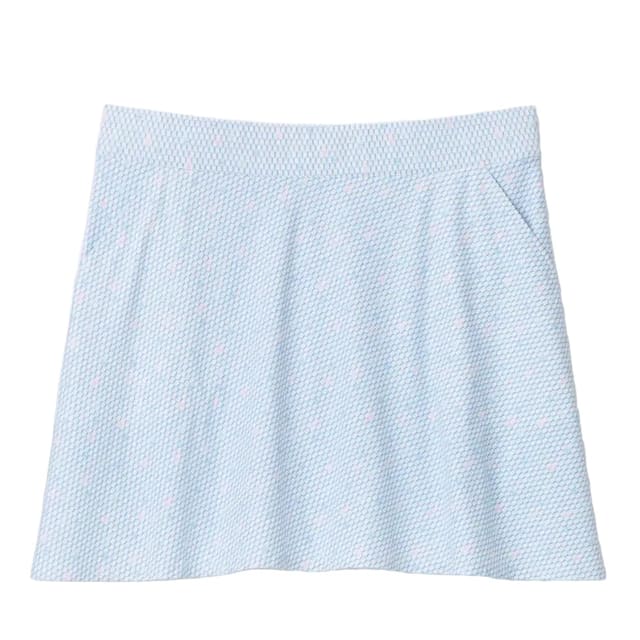 A light blue and white patterned athletic skirt with side pockets, laid flat against a light gray background.