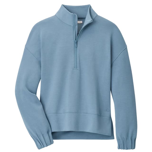 A light blue quarter-zip pullover sweatshirt with a mock neck, long sleeves, and ribbed cuffs and hem, shown on a light gray background.