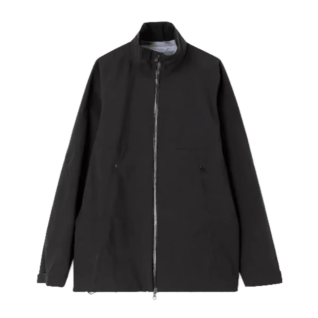 A black lightweight golf jacket with a stand-up collar, full front zipper, and zippered hand pockets