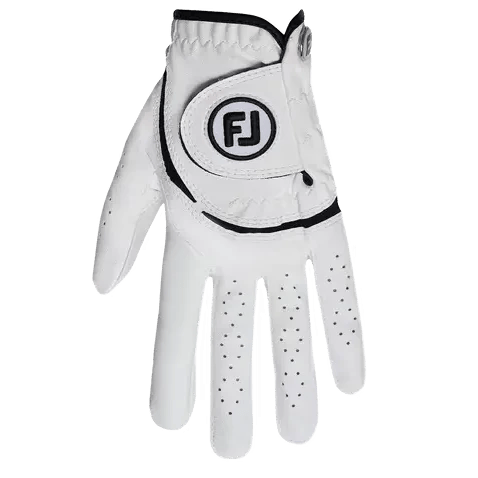 White golf glove with black logo on a white background