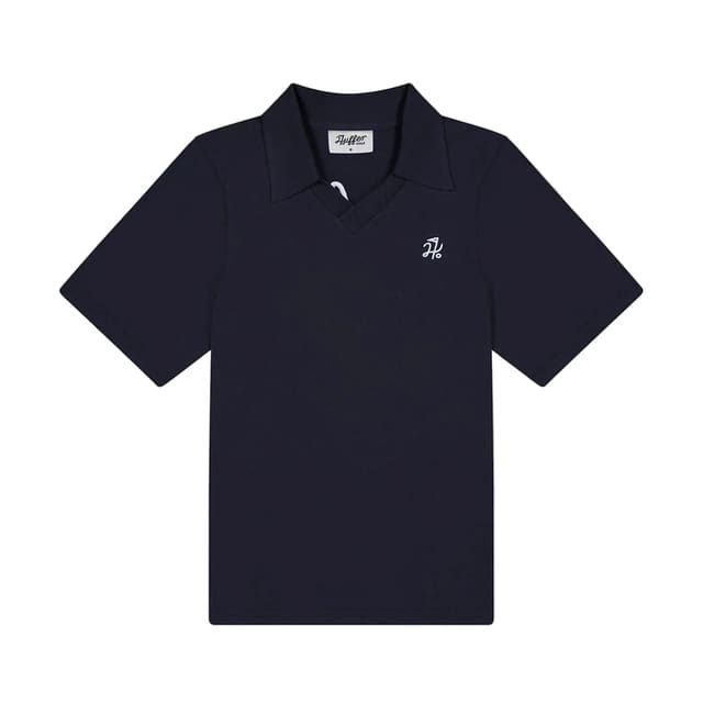 Navy blue polo shirt with a small white logo on a light gray background