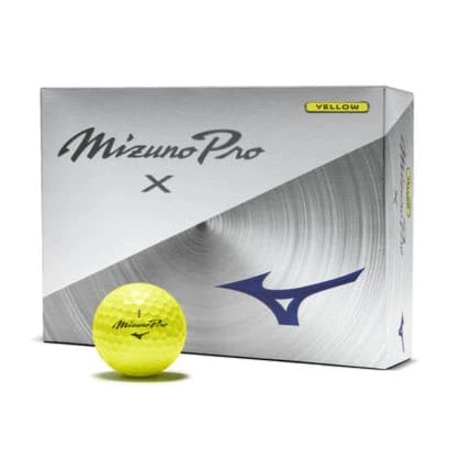 Mizuno Pro golf ball box with a yellow golf ball on a white background