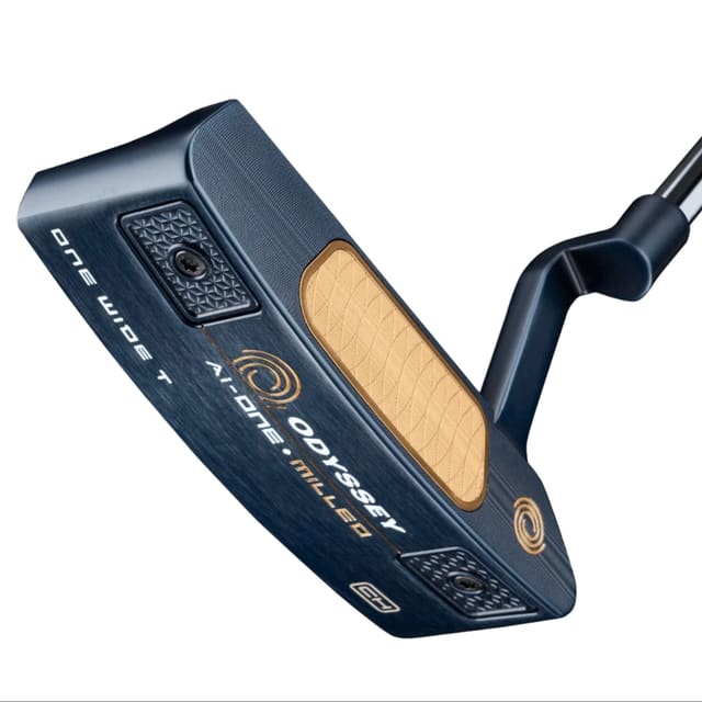 Golf putter with blue and gold design on a white background