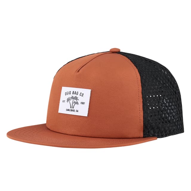 Brown and black cap with a brand logo on a white background