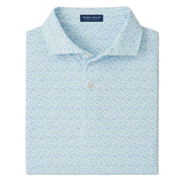 Light blue patterned polo shirt on a light gray background
