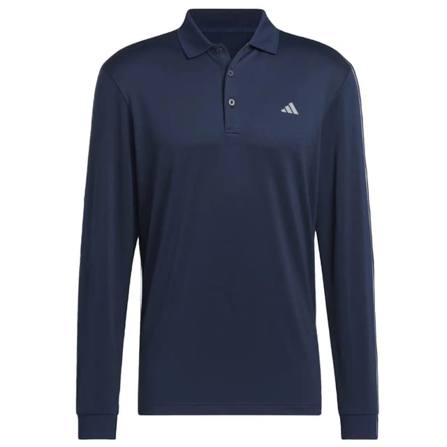 Navy long-sleeve polo shirt with Adidas logo on a light gray background