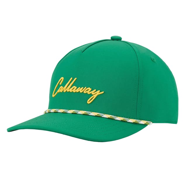 A green Callaway Birdie Putt Rope Hat with yellow and white rope detail around the base and the brand name in yellow script on the front.